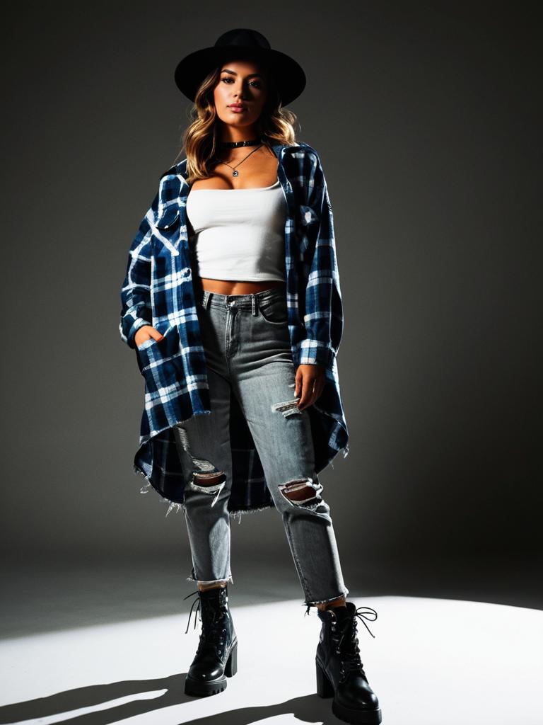 Woman in Oversized Blue Plaid Shacket Casual Streetwear Outfit