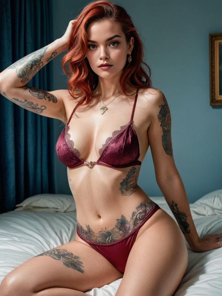 Confident Woman with Red Hair in Burgundy Lingerie on Bed