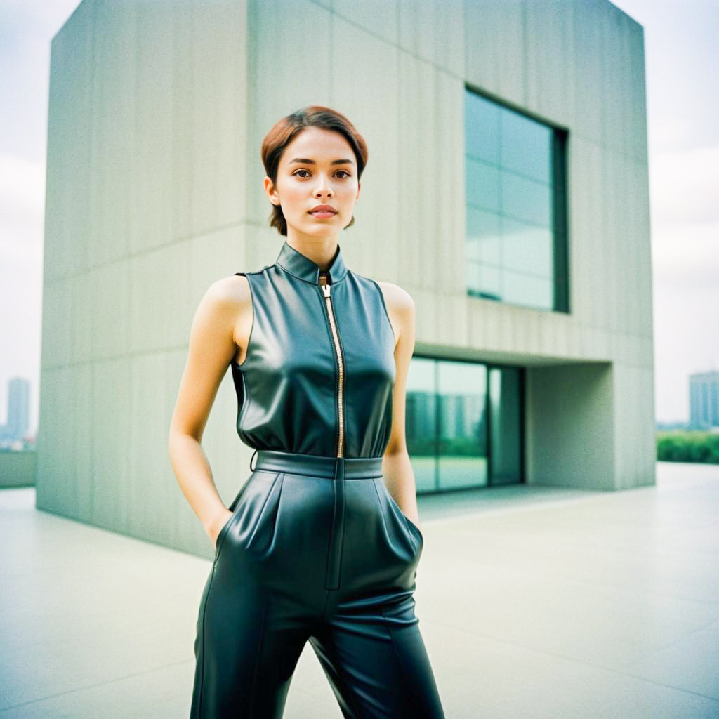 Stylish Woman in Black Jumpsuit Against Modern Architecture