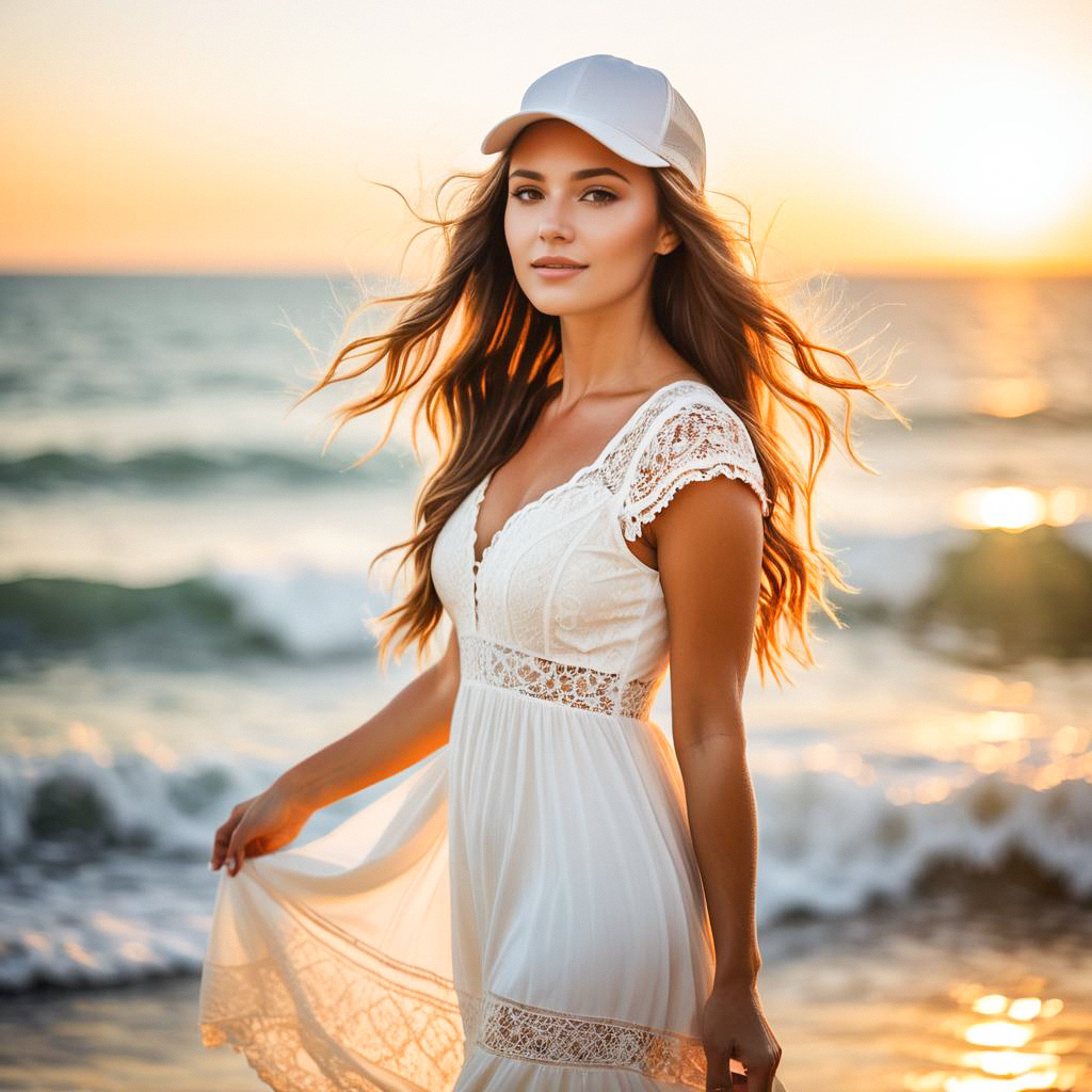 Woman in White Lace Dress by Ocean at Sunset