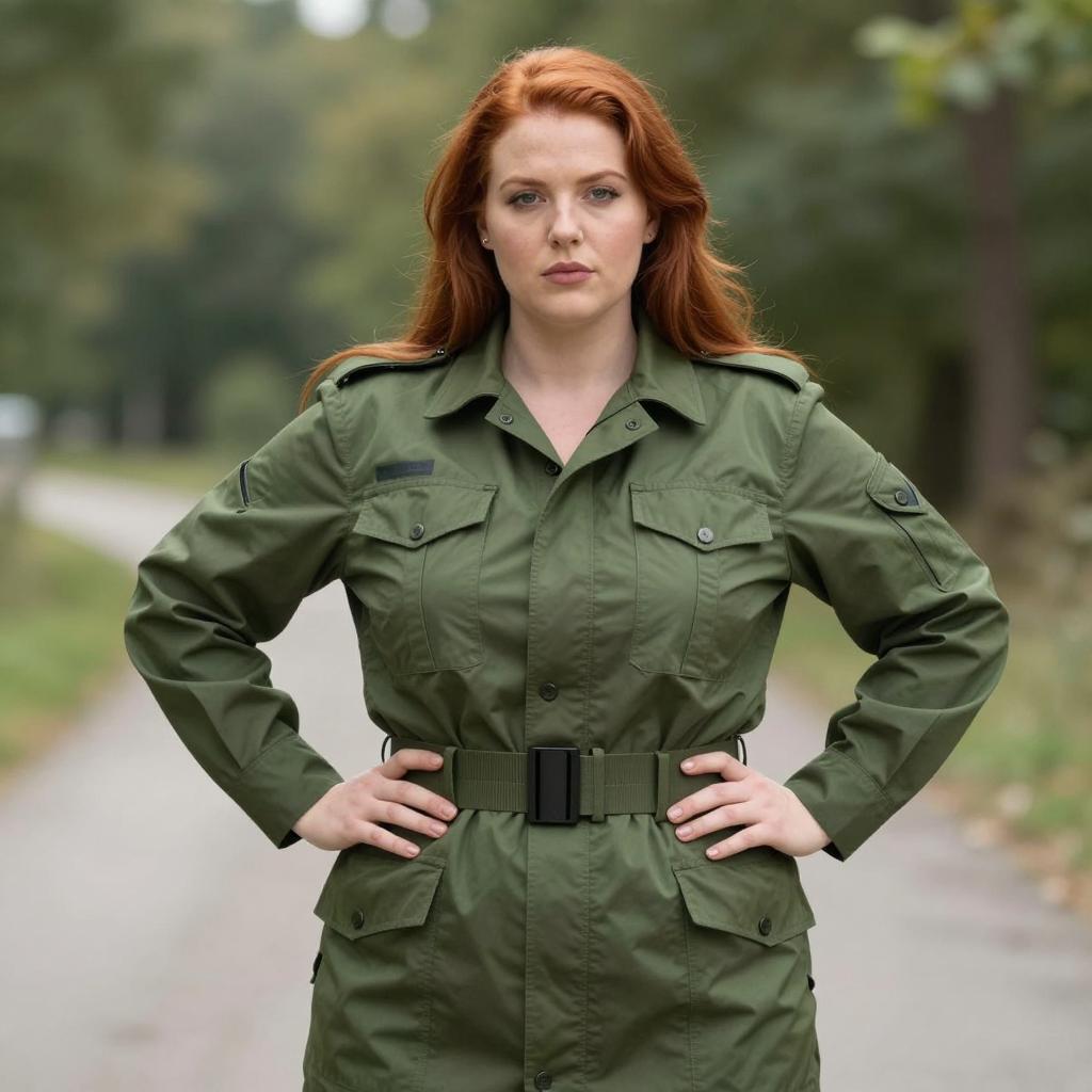 Confident Woman in Military-Style Green Jacket Outdoors