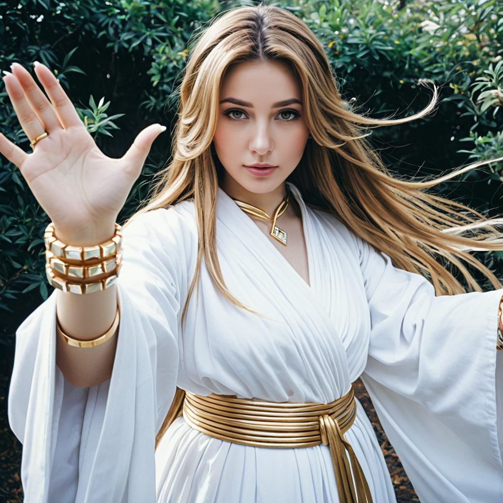 Elegant Woman in White Dress with Golden Accessories Outdoors