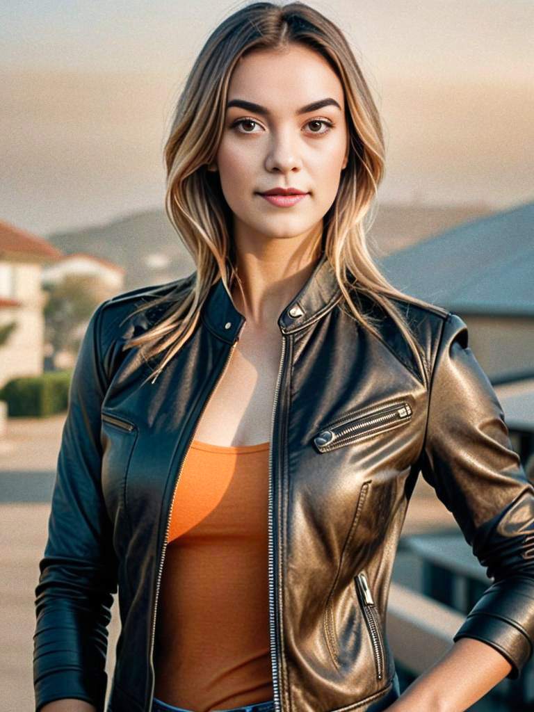 Confident Woman in Black Leather Jacket