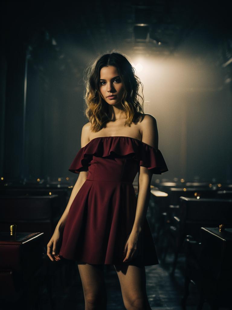 Woman in Modern Off-the-Shoulder Burgundy Mini Dress