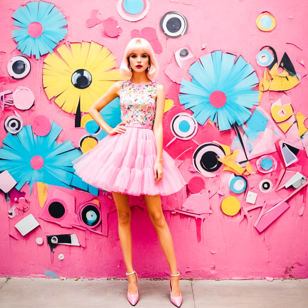 Stylish Woman in Pink Dress Against Graffiti Backdrop