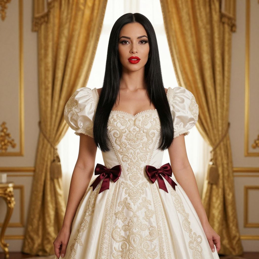 Elegant Woman in Vintage Ivory Embroidered Victorian Dress