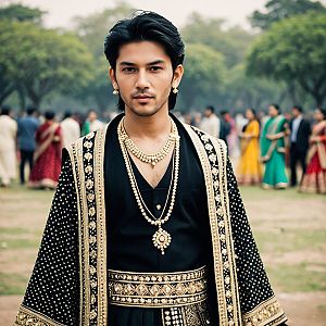 Young Man in Ornate Lehenga Coat with Gold Jewelry