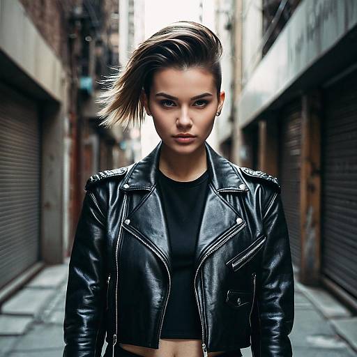 Confident Woman in Black Leather Jacket Urban Street Style Portrait