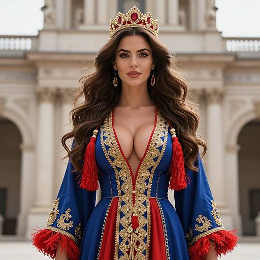 Regal Woman in Ornate Blue and Red Embroidered Gown with Crown