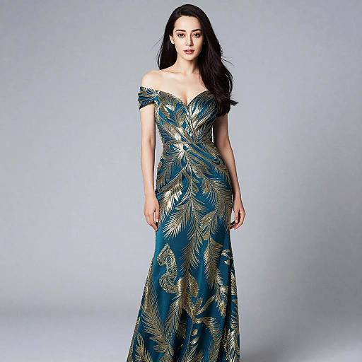 Elegant Teal Off-Shoulder Evening Gown with Gold Leaf Pattern