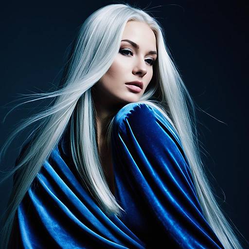 Elegant Woman with Platinum Blonde Hair and Blue Velvet Draped in Realistic Portrait