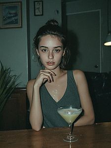 Young Woman at Bar with Cocktail in Moody Realistic Photo