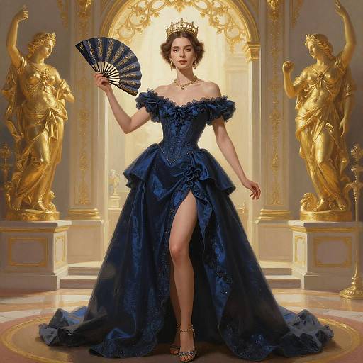 Elegant Woman in Navy Blue Ball Gown with Crown and Fan in Luxurious Gilded Hall
