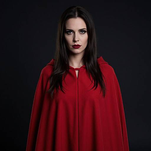 Portrait of Woman in Red Cloak with Intense Gaze on Dark Background