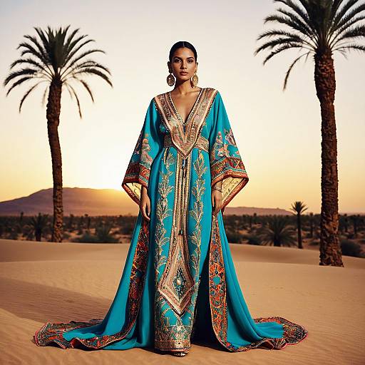 Elegant Woman in Embroidered Turquoise Kaftan in Desert at Sunset