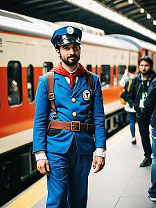 Man in Thomas the Train Conductor Costume at Train Station Cosplay Festival