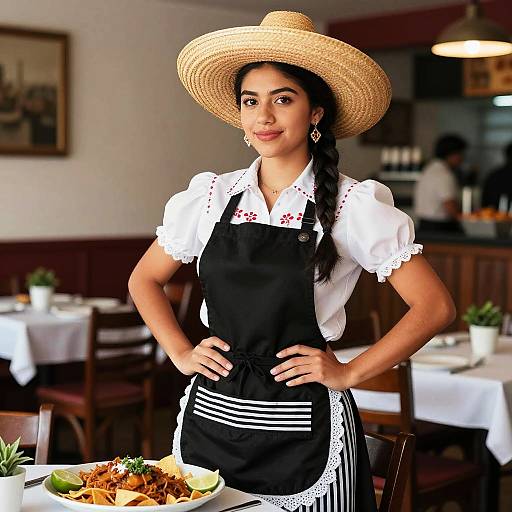 Young Woman in Traditional Mexican Outfit Serving Mexican Food in Restaurant