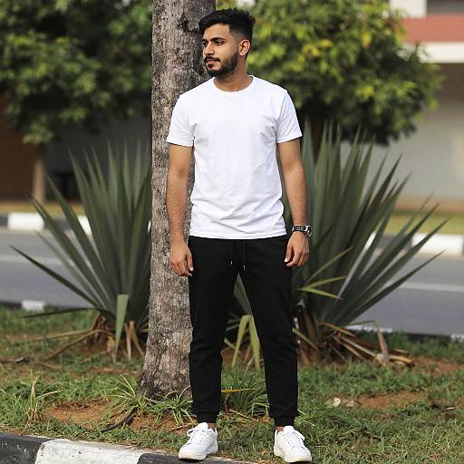 Casual Young Man Wearing White T-Shirt and Black Joggers Outdoors