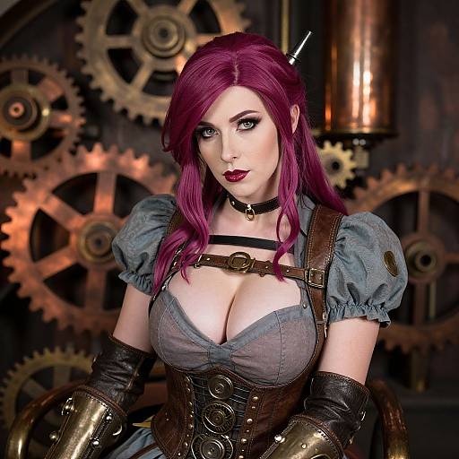 Steampunk Woman in Leather Corset with Mechanical Gear Background