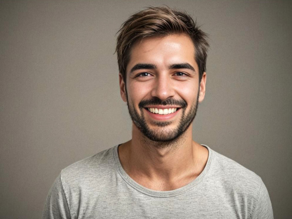 Cheerful Young Man in Casual Grey T-Shirt