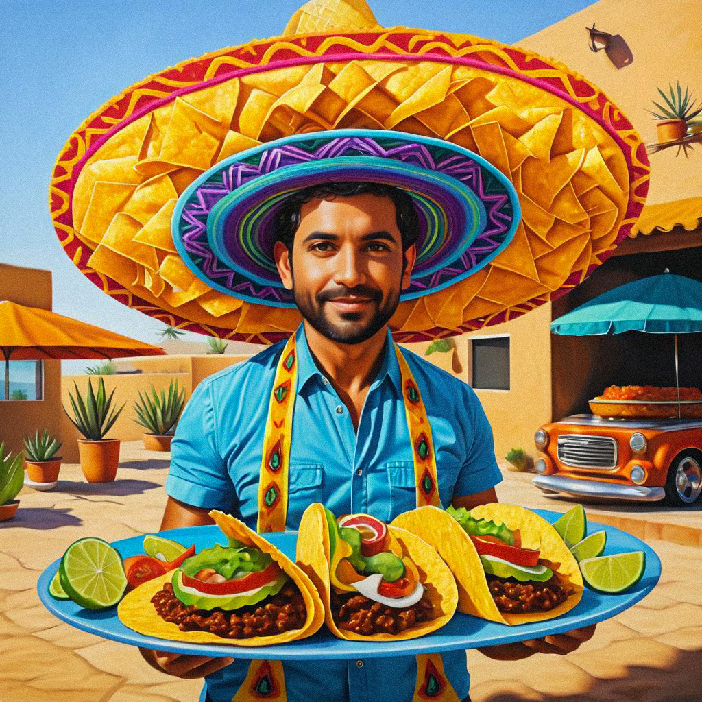 Cheerful man with sombrero and tacos in desert