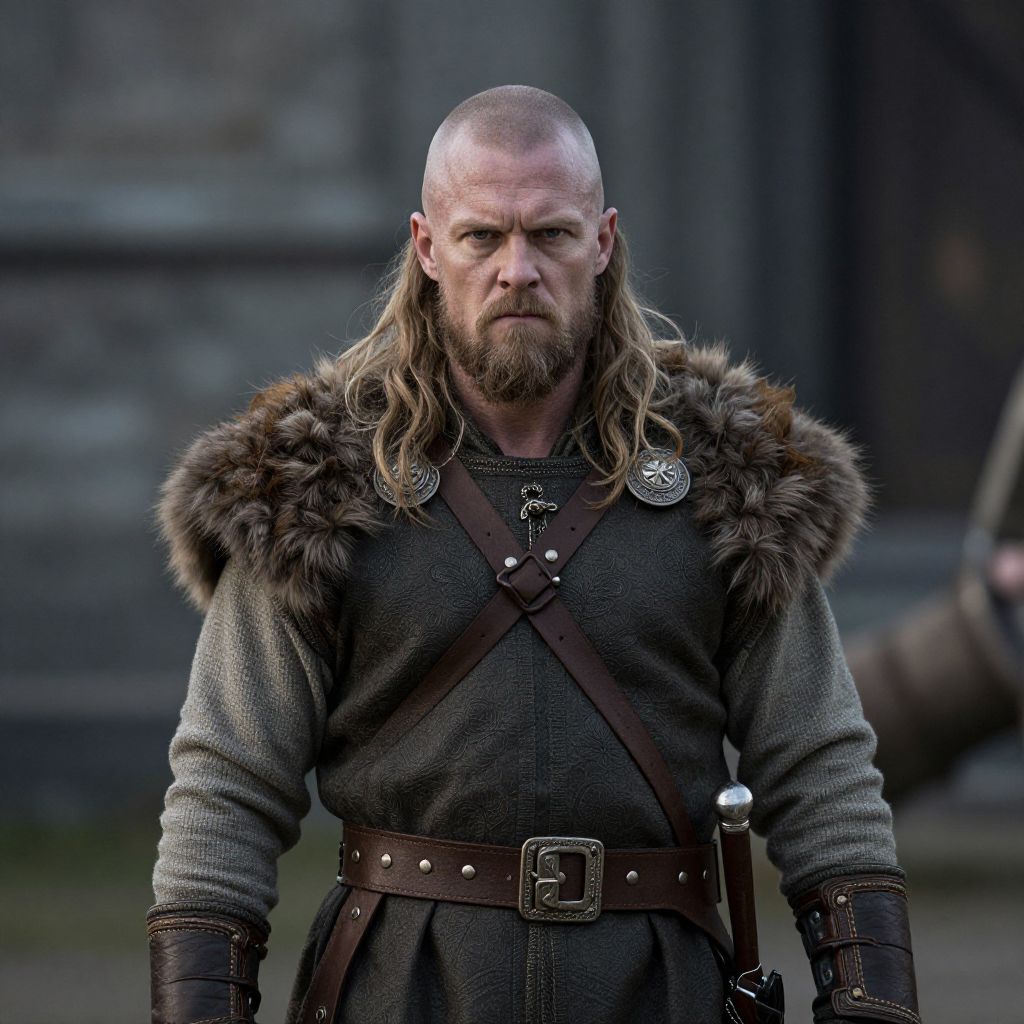 Viking Warrior in Traditional Fur Lined Armor and Leather Attire