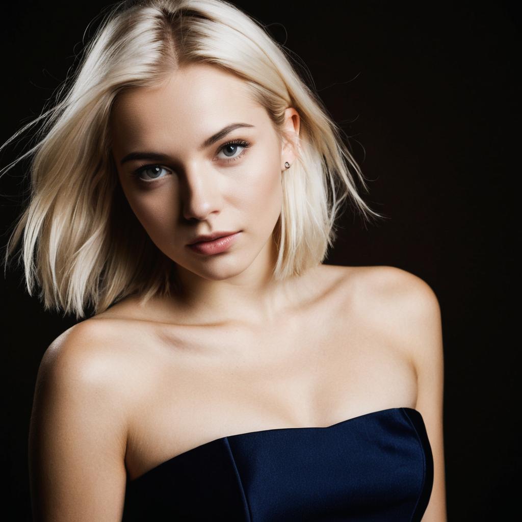 Portrait of Blonde Woman in Dark Blue Strapless Top