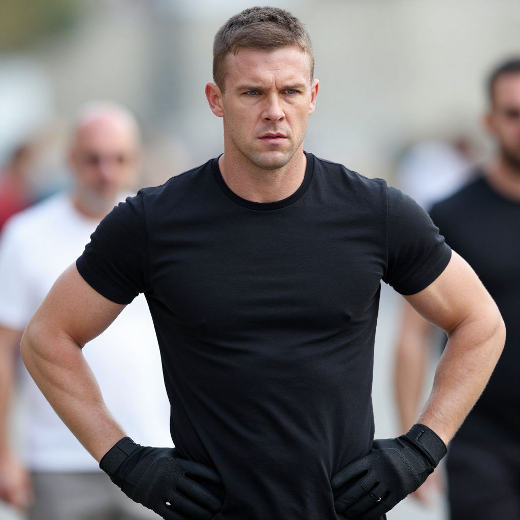 Determined Man in Black T-Shirt and Gloves Standing with Hands on Hips