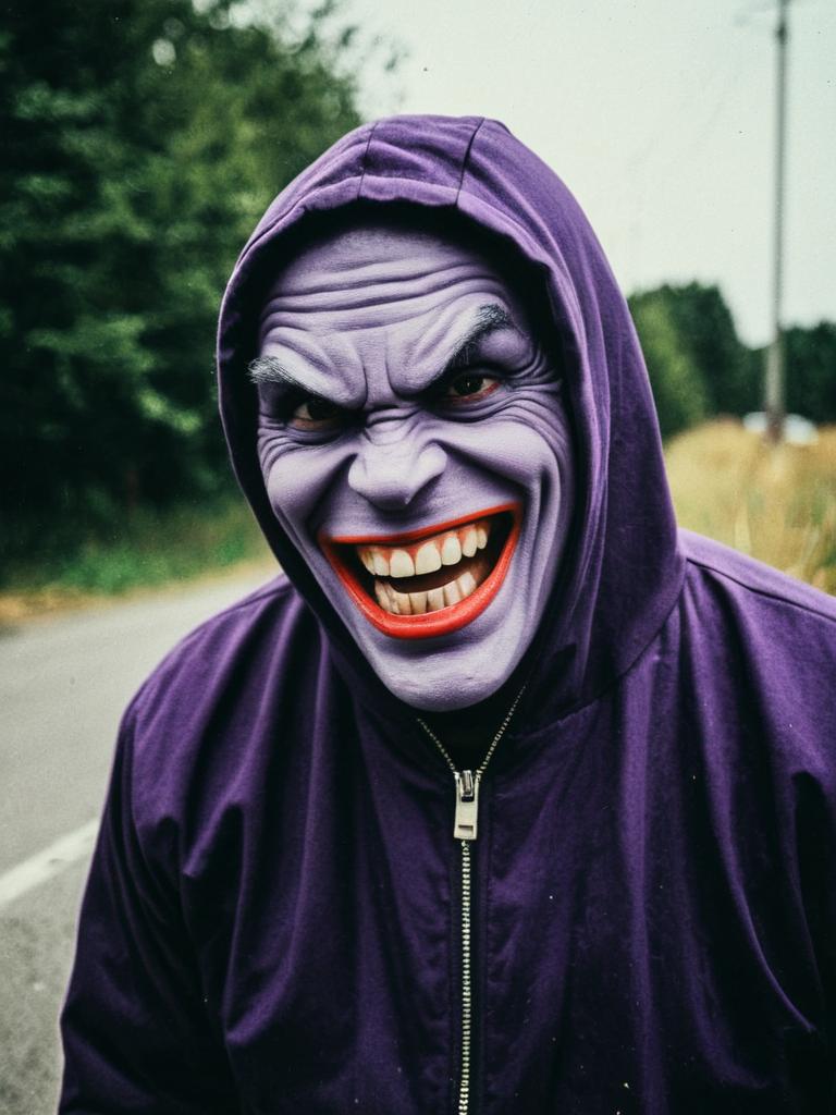 Photorealistic Portrait of Man in Grimace Costume Wearing Purple Hoodie Outdoors