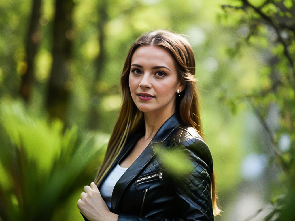 Confident Woman in Leather Jacket in Forest