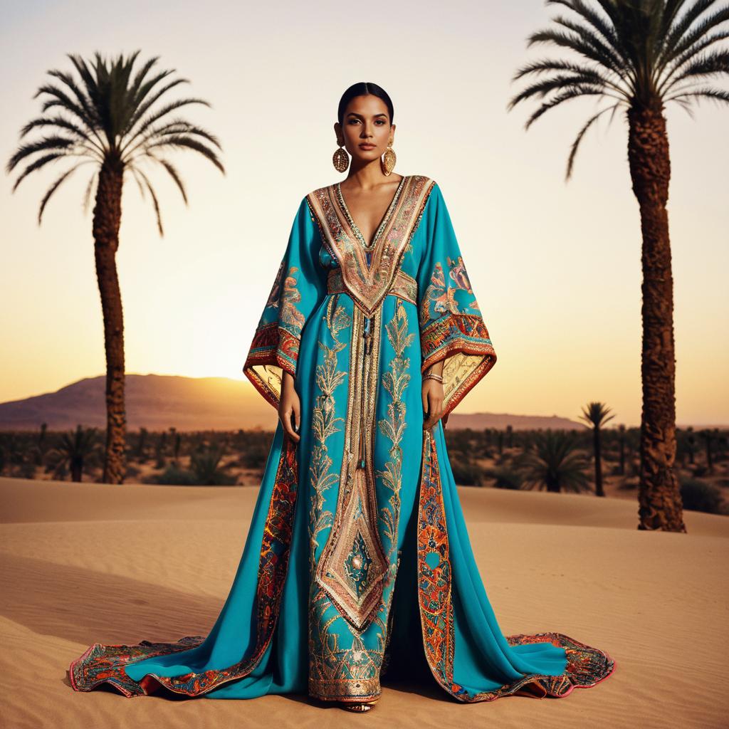 Elegant Woman in Embroidered Turquoise Kaftan in Desert at Sunset