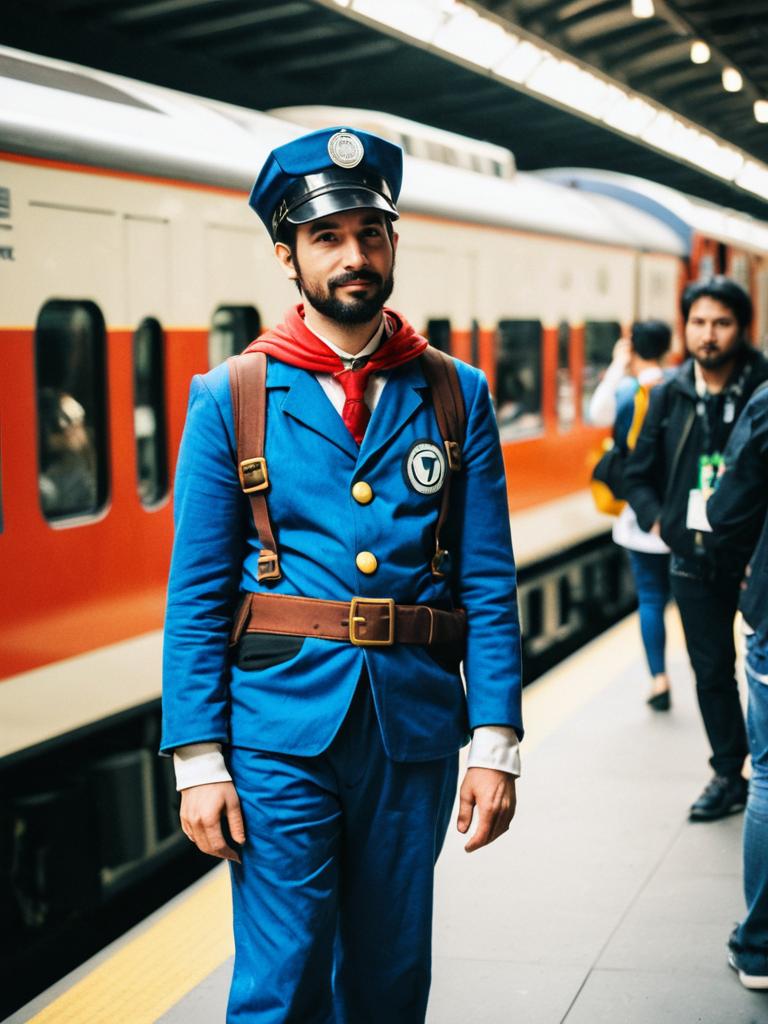 Man in Thomas the Train Conductor Costume at Train Station Cosplay Festival