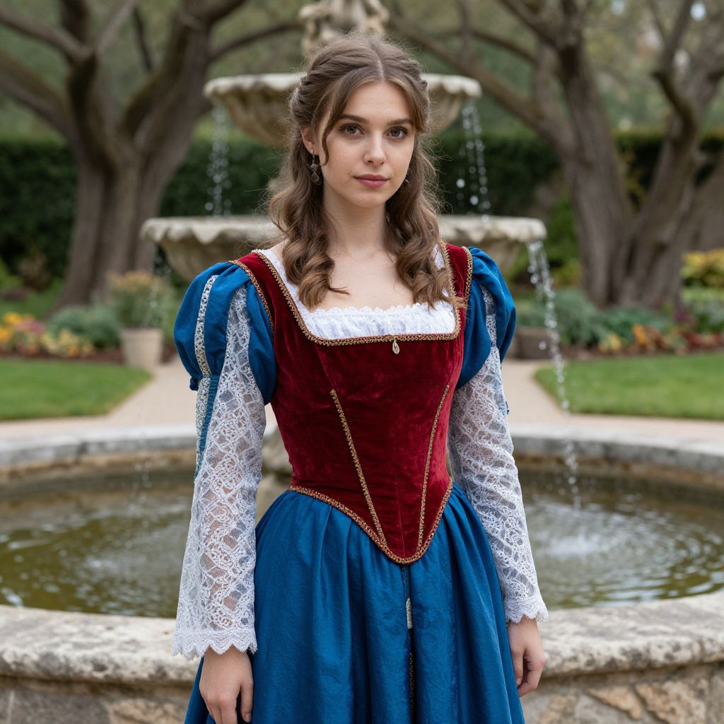 Young Woman in Renaissance Costume by Fountain in Garden