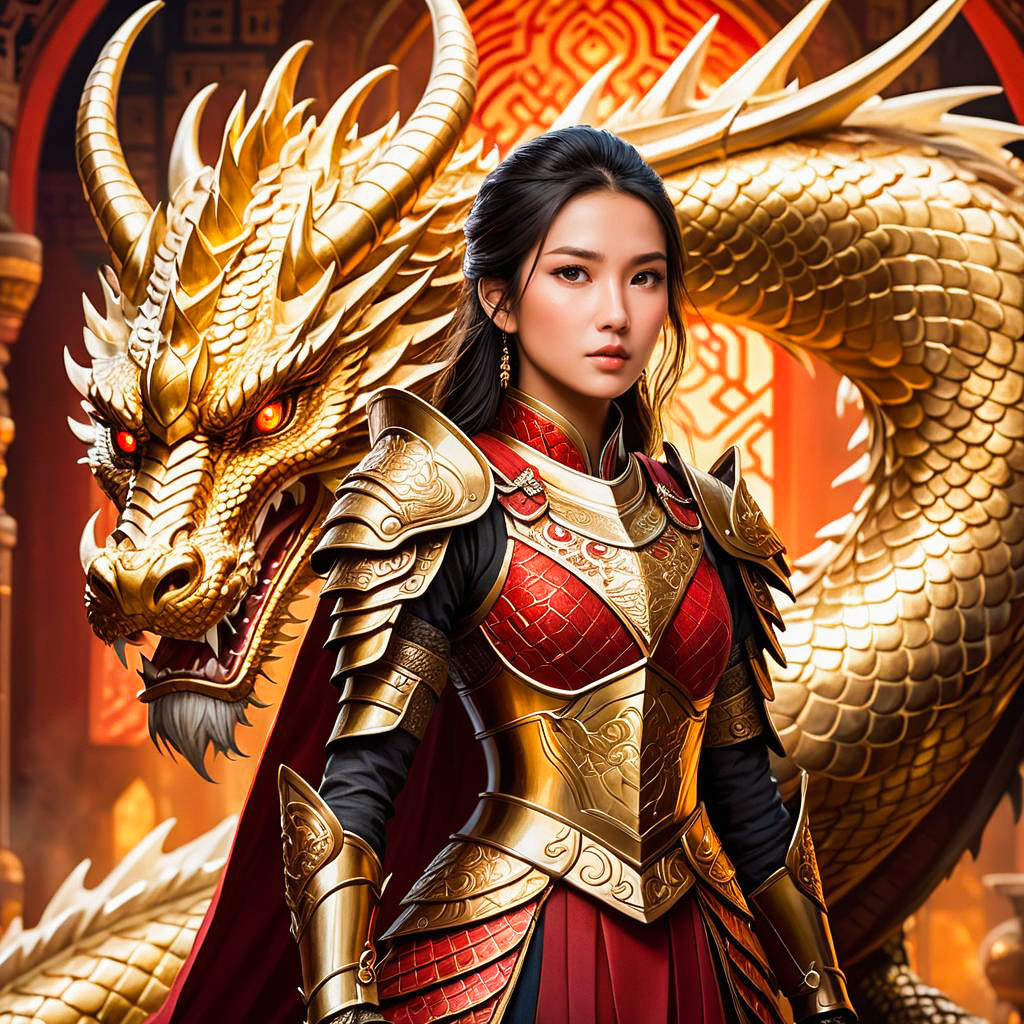 Confident Woman in Golden Armor with Dragon
