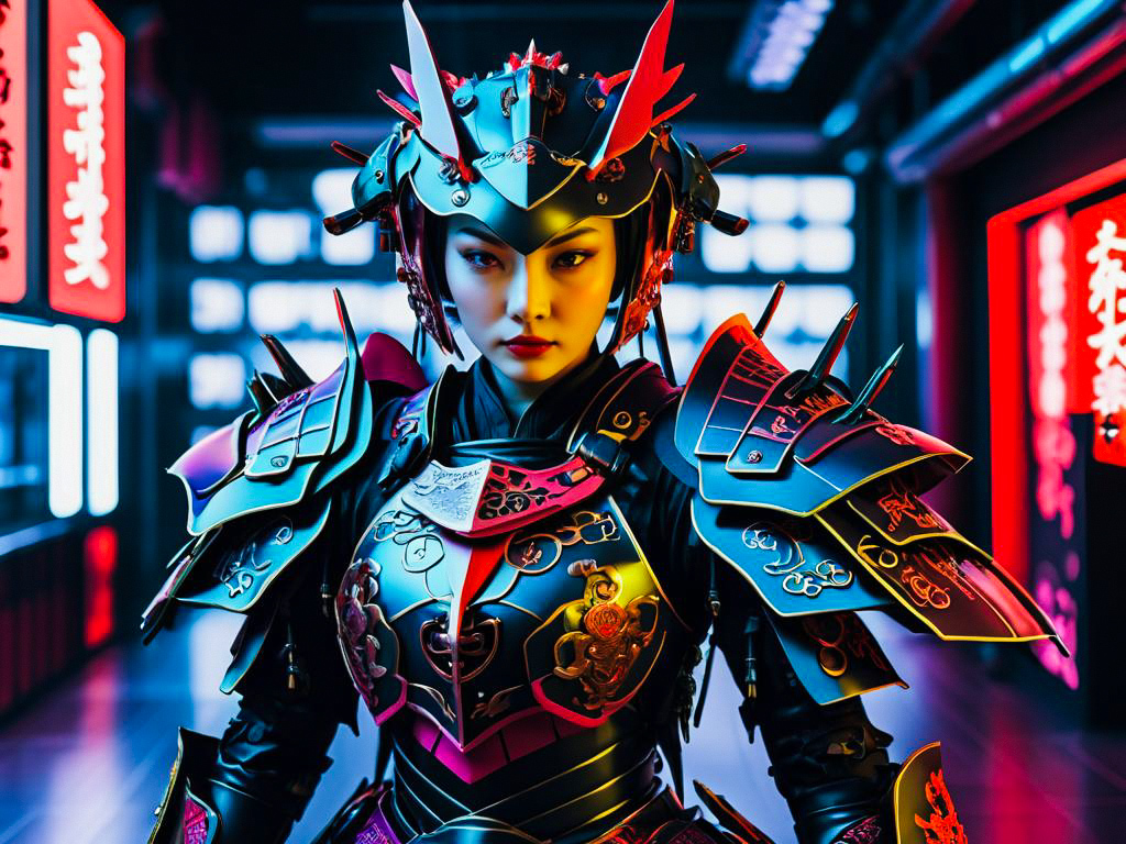 Cyberpunk Female Warrior in Samurai Armor Cyberpunk Female Warrior in Samurai Armor