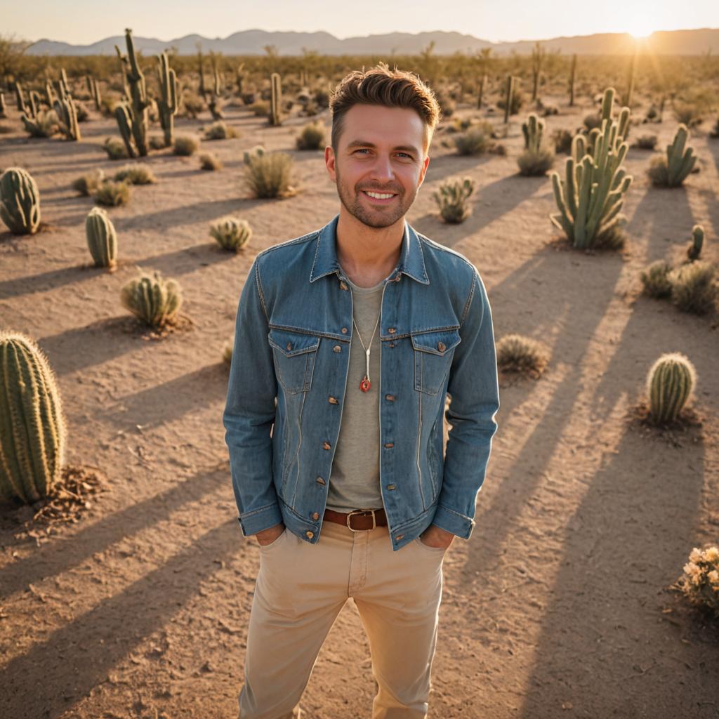 Confident Man in Denim at Sunset in Desert