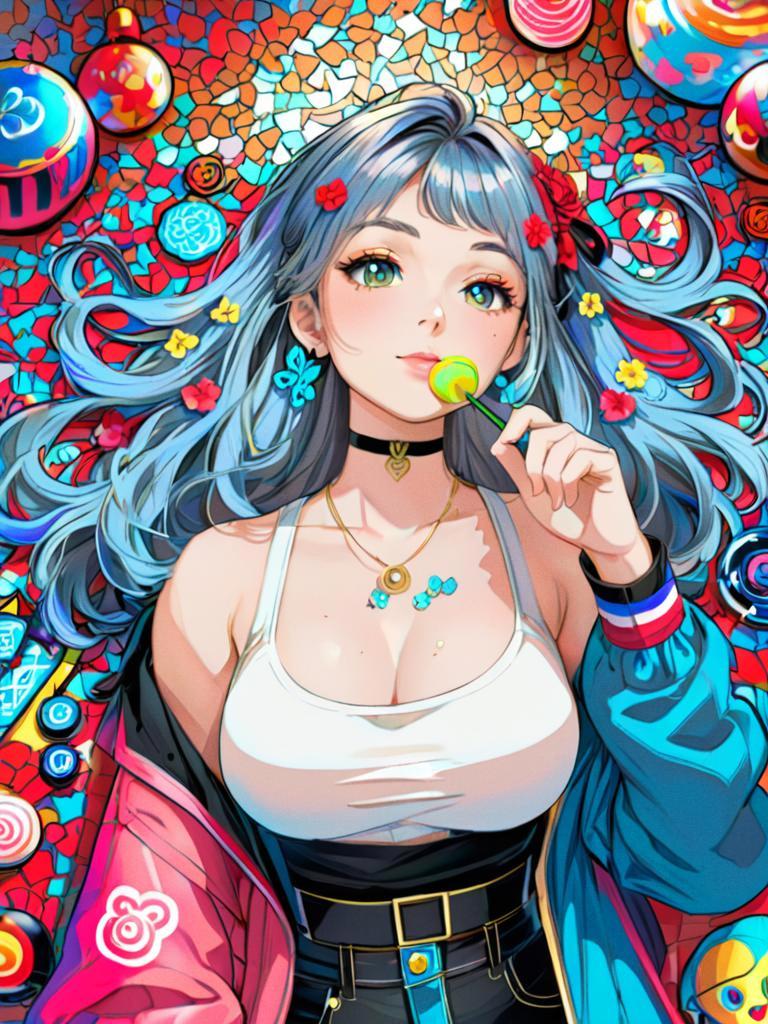 Anime Woman with Blue Hair and Lollipop