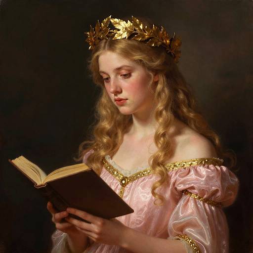 Classical Portrait of Woman Reading Book in Pink Dress with Golden Laurel Crown