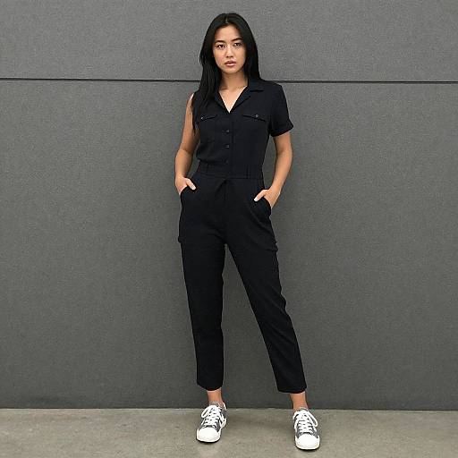 Confident Woman Wearing Black Jumpsuit and Sneakers Against Grey Wall