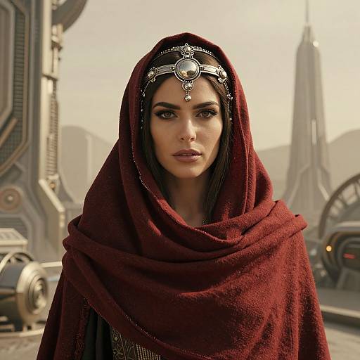 Regal Woman in Red Cloak with Futuristic Medieval Headpiece