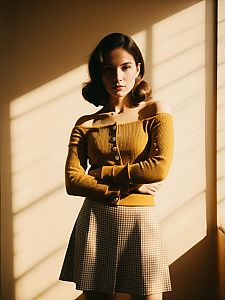 Woman Wearing Casual Chic Ribbed Off-the-Shoulder Mustard Yellow Top with Checkered Skirt