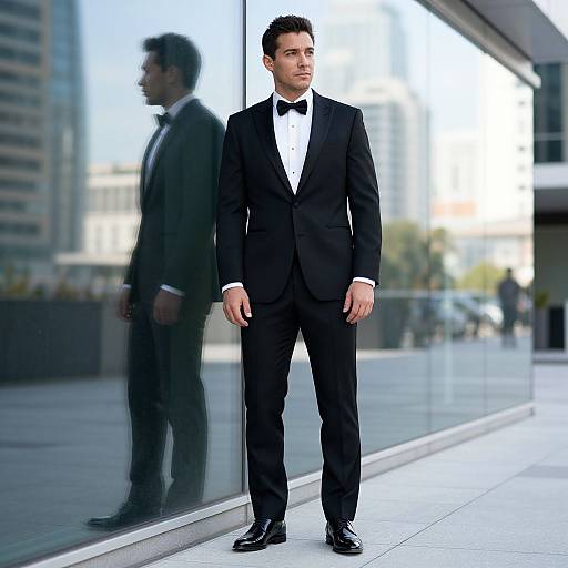 Man in Black Tuxedo Standing by Glass Wall in Urban Setting