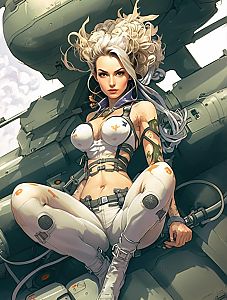 Confident Woman in Futuristic Attire Against Armored Machinery