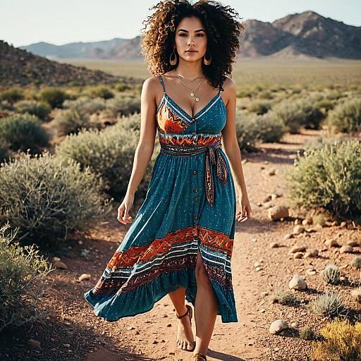 Bohemian Woman Walking Barefoot in Desert Landscape Wearing Ethnic Print Dress