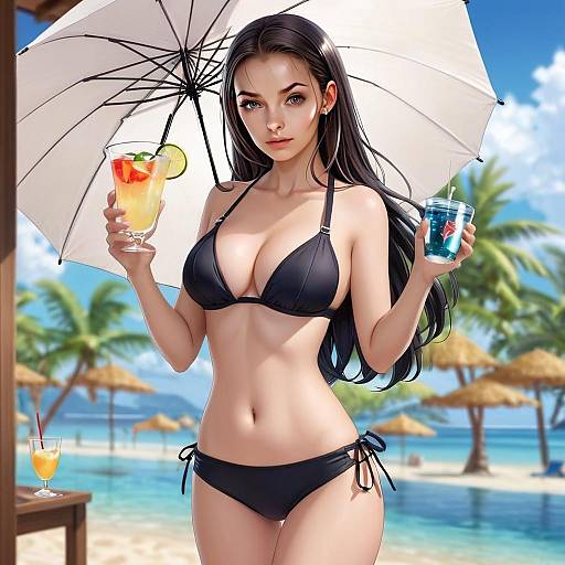 Anime Style Woman in Black Bikini with Cocktails on Tropical Beach