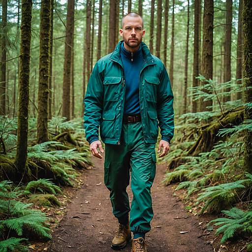 Man Hiking in Green Outdoor Gear Through Forest Trail