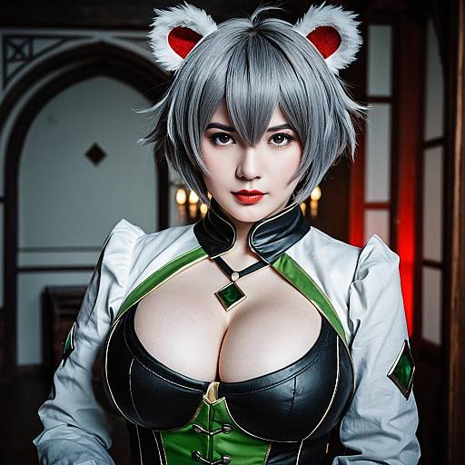 Realistic Absinthe Arknights Cosplay Woman with Silver Hair and Furry Ears
