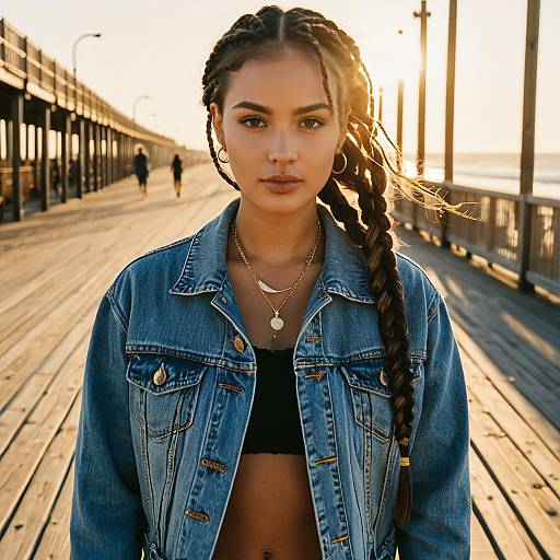 Young Woman Wearing Denim Jacket on Sunlit Pier at Golden Hour