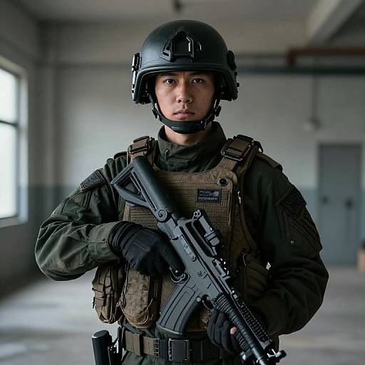 Man in Tactical Military Gear Holding Assault Rifle Indoors
