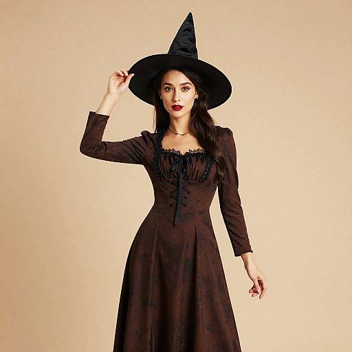 Vintage Witch Costume Woman in Black Hat and Brown Dress